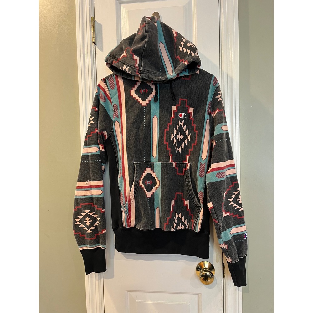Champion Reverse Weave Hoodie Small Aztec Southwestern Print Grey Teal Pink